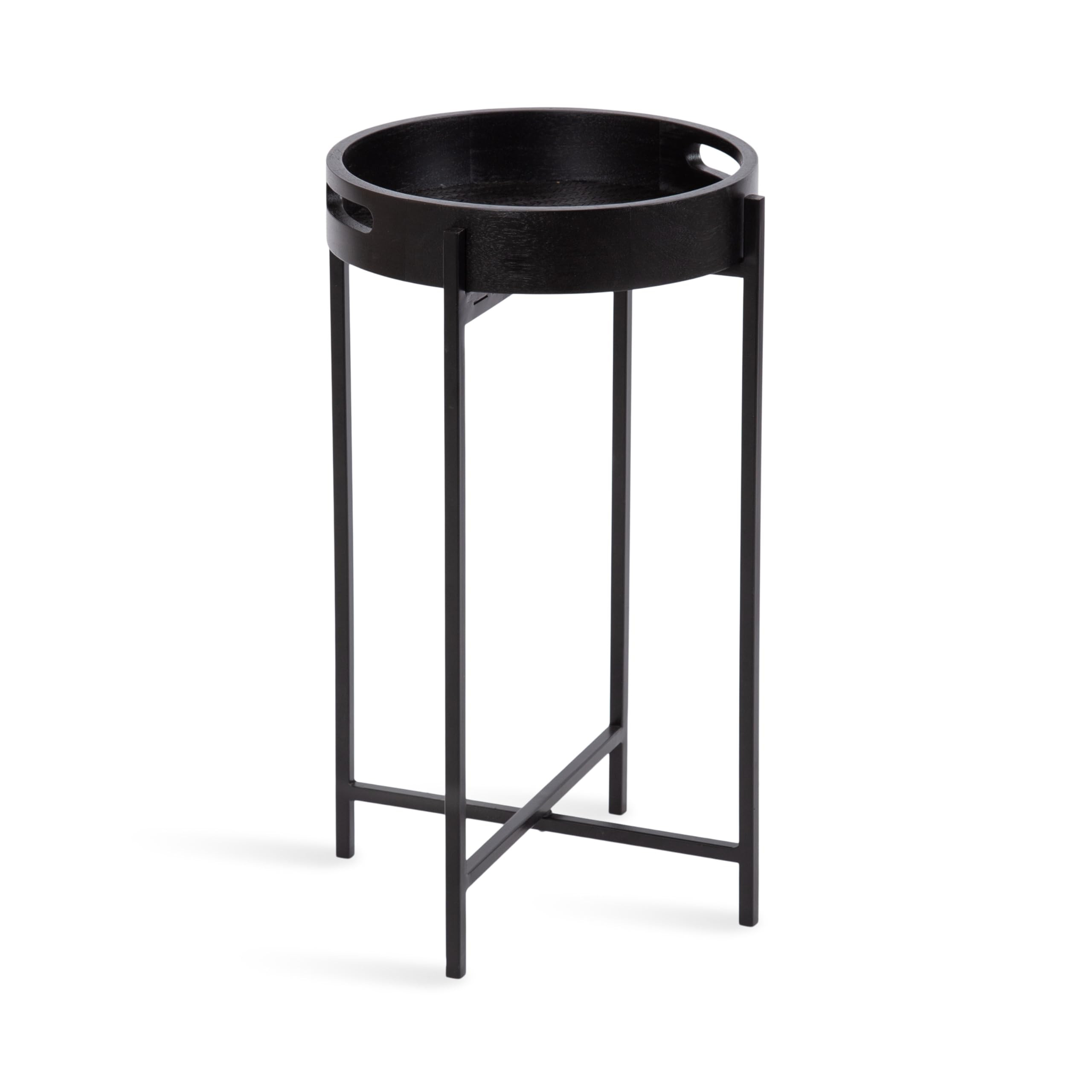Kate and Laurel Smita Metal and Wood Round Accent Tray Table, 14 x 14 x 24, Black, Transitional Small Nightstand Table with a Woven Cane Tray Tabletop or a TV Table for Eating | Amazon (US)
