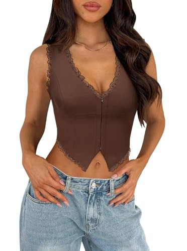 UNCOOYEE Sexy Lace Top for Women Trendy Summer Outfits 2025 V Neck Sleeveless Y2K Corsets Going Out Tank Crop Tops Chocolate Small | Amazon (US)