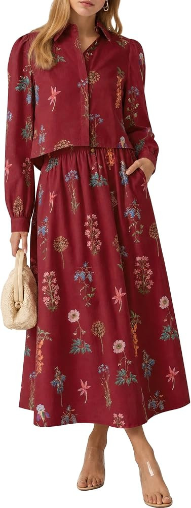 Tankaneo Womens 2 Piece Floral Cropped Blouse Maxi Skirts Matching Sets | Amazon (US)