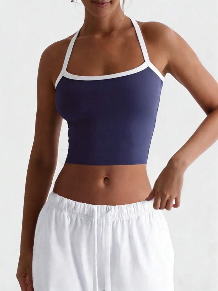 XLLAIS Summer Fashion Contrast Color Sports Casual Halter Crop Top | SHEIN