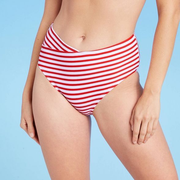 Women's Beach Bias Cut High Waist Modern Coverage Bikini Bottom - Kona Sol™ Red Stripe | Target