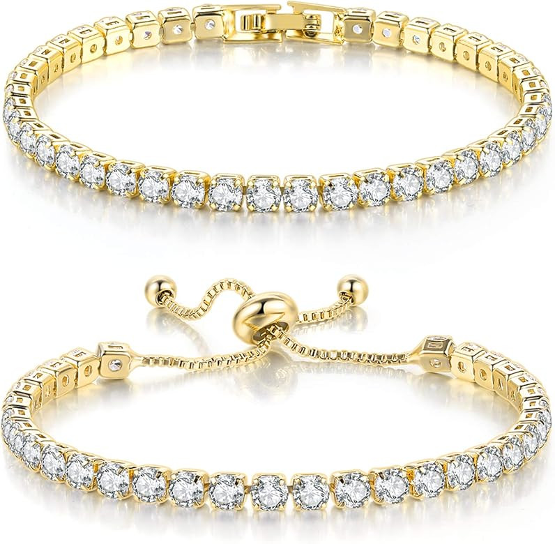 Double Fair 2 Pcs Tennis Bracelets for Women 14K Gold Plated AAA+ Cubic Zirconia CZ Diamond Classic  | Amazon (US)