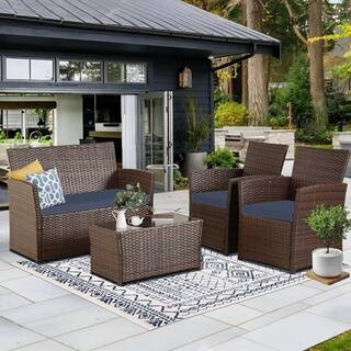 4-Piece Patio Furniture Set Outdoor Wicker Conversation with Midnight-Blue Cushions and Coffee Ta... | The Home Depot