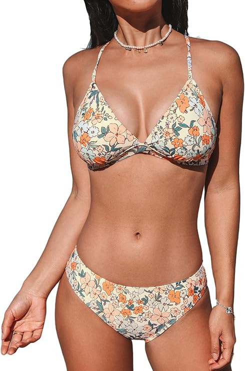 CUPSHE Bikini Set for Women Two Piece Swimsuits V Neck Low Rise Crisscross Back Self Tie Spaghett... | Amazon (US)