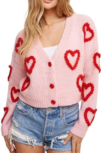 Cute Valentines Sweaters Cut Out Heart Button Down Sweater Cardigan with Love Hearts Knitted Top Shirt Cardigans for Women | Amazon (US)
