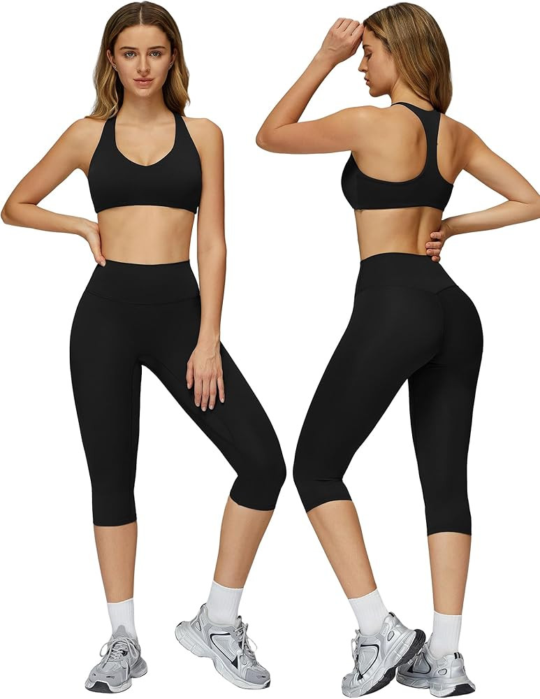 Capri Workout Sets for Women 2 Piece Yoga Pilates Outfits V Neck Racerback Sports Bra High Waist Leggings Gym Sets | Amazon (US)