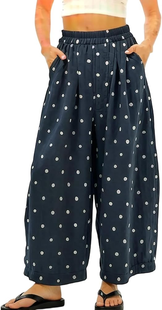 Songling Polka Dot Pants for Women Summer Boho Beach Elastic Waist Palazzo Wide Barrel Leg Pants ... | Amazon (US)