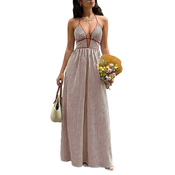 FAVIPT Womens Sleeveless Maxi Dresses Stripes Printed Cocktail Party Sundresses Deep V Neck Halte... | Walmart (US)
