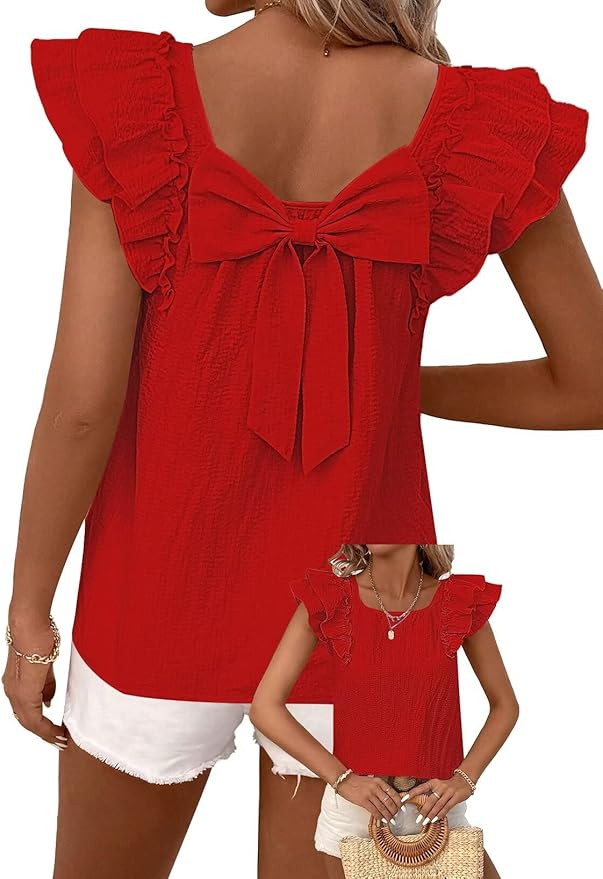 Falechay Womens Bow Tie Back Tops Round Neck Ruffle Short Sleeve Shirts Cute Babydoll Chiffon Tee... | Amazon (US)
