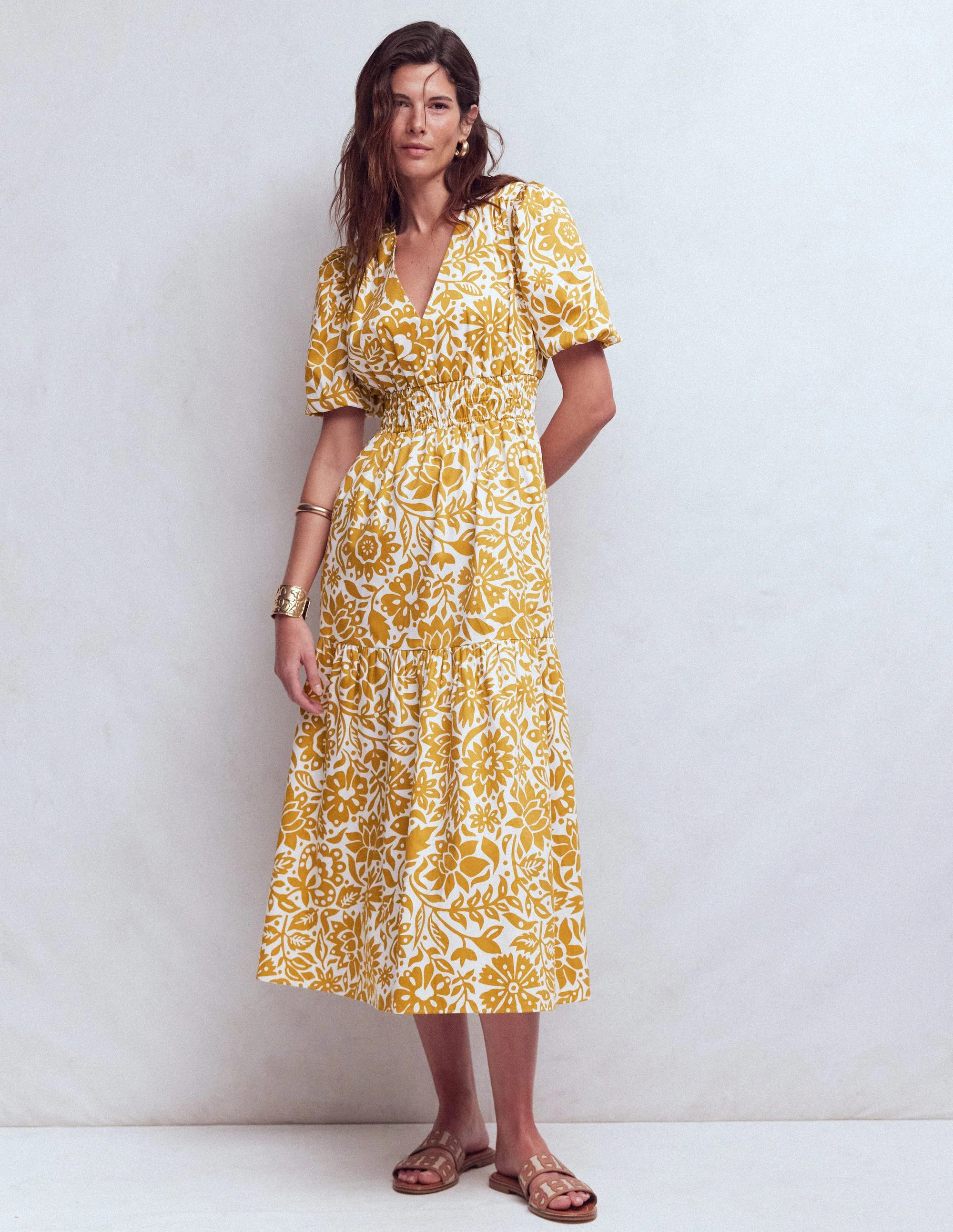 Irene Puff Sleeve Cotton Dress-Gold Wheat, Meadow Scatter | Boden (US)