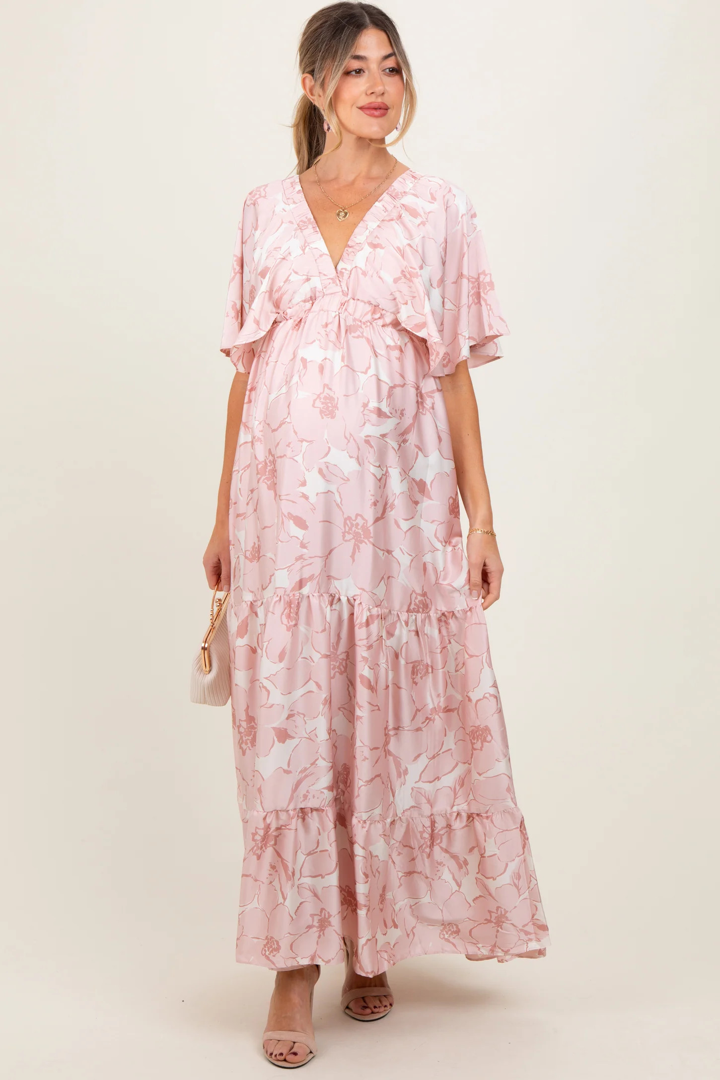 Pink Floral Short Sleeve Deep V-Neck Tiered Maternity Maxi Dress | PinkBlush Maternity