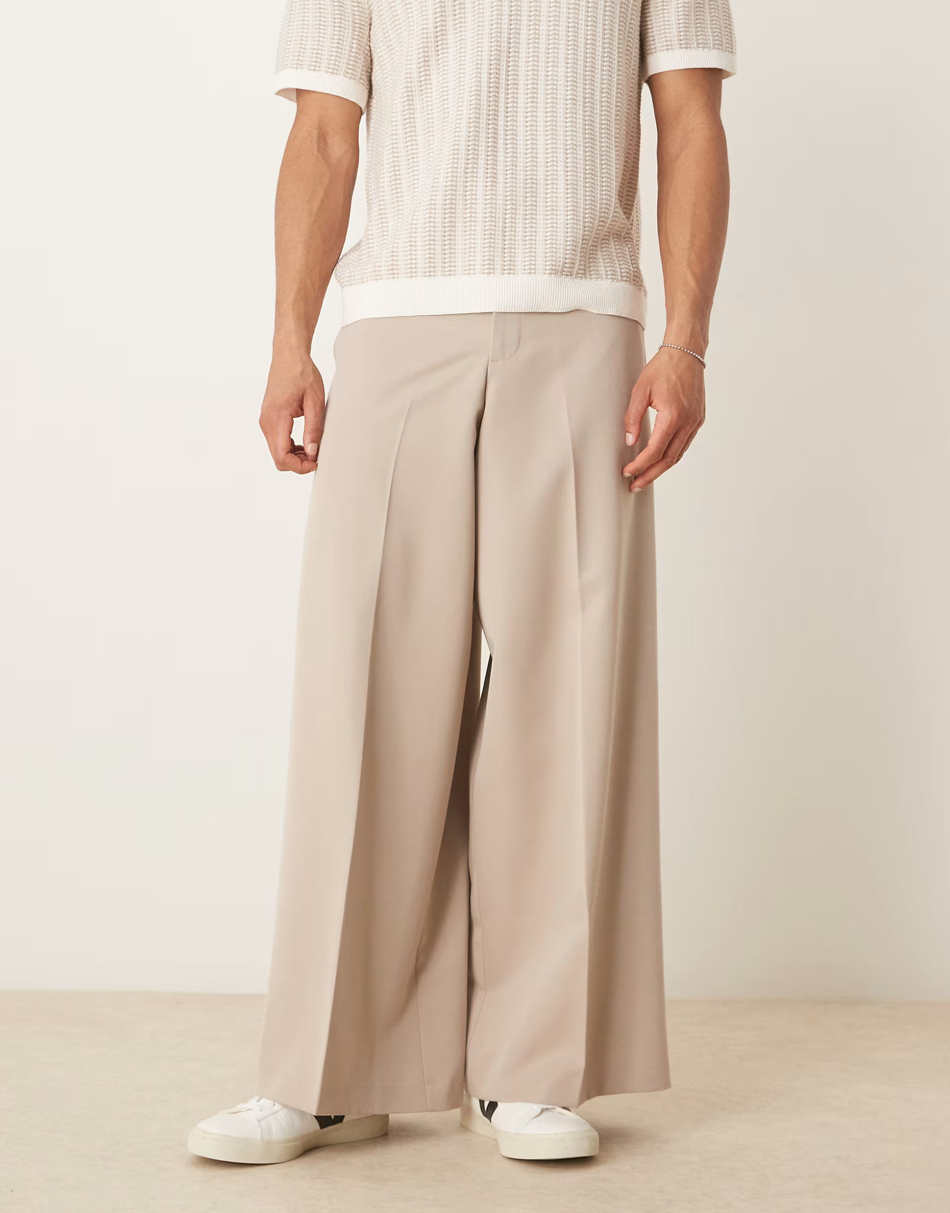 ASOS DESIGN extreme wide leg dress pants with front pleats in stone | ASOS (Global)
