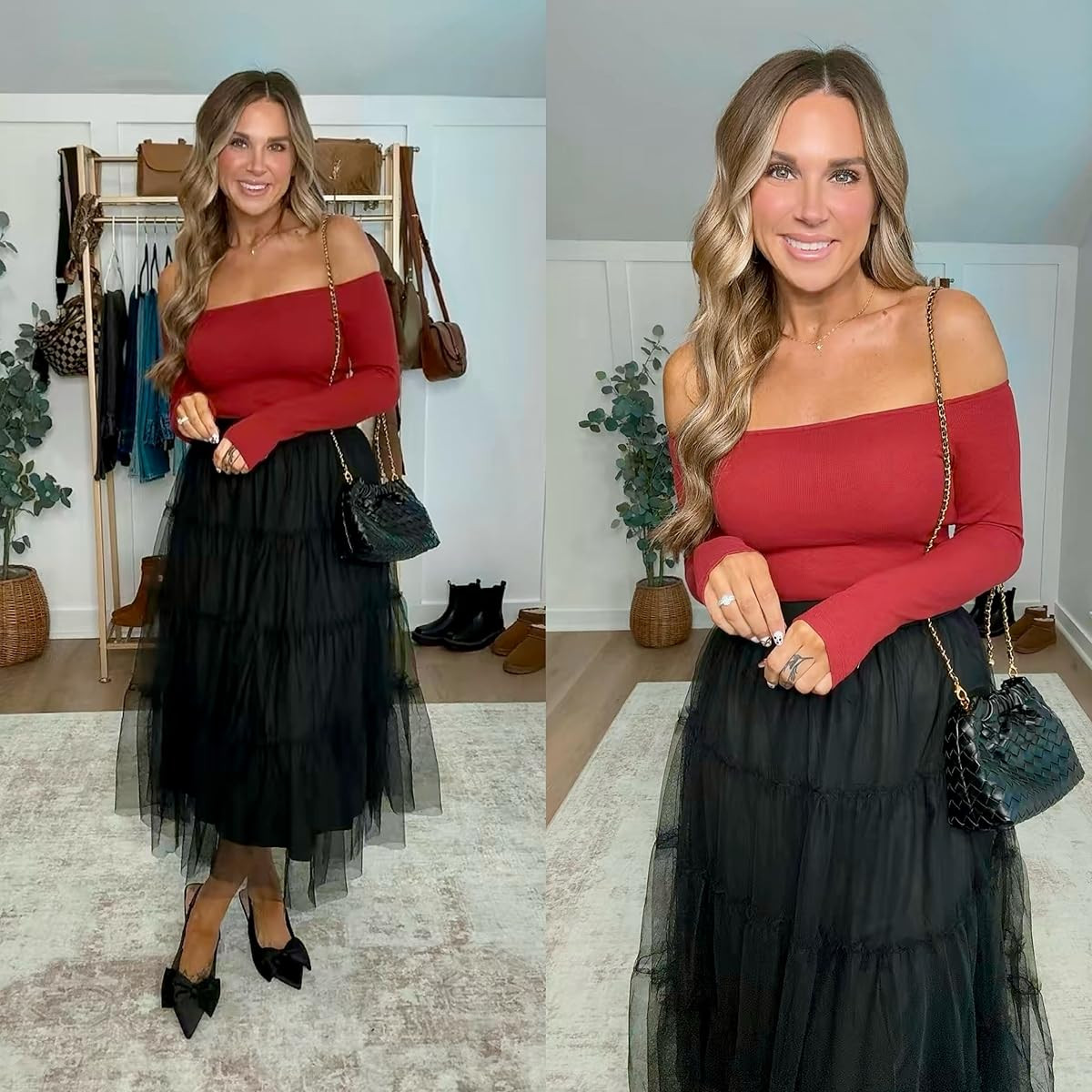 This off the shoulder top and tulle skirt is the perfect last minute holiday outfit! 
Accessorizing with the best bow kitten heels and the cutest bag. 
 

 #LTKHoliday #LTKSeasonal #LTKFindsUnder100