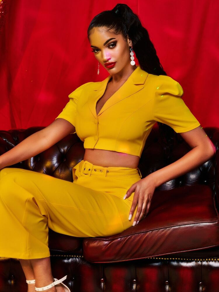 SHEIN SXY Lapel Neck Puff Sleeve Crop Blazer & Belted Pants | SHEIN