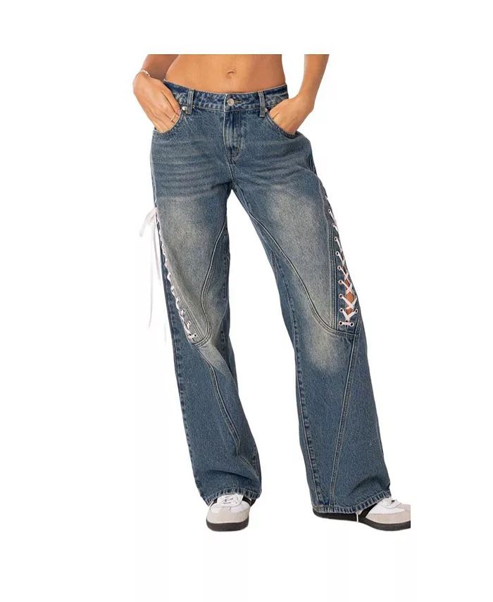 Edikted Women's Low Rise Ribbon Lace Up Jeans - Macy's | Macy's