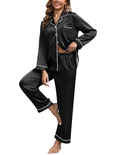 UMBY Silk Satin Pajamas for Women Set 2 Piece Silk Pjs Long Sleeve Top Cozy Sleepwear Silky Pajamas Black | Amazon (US)