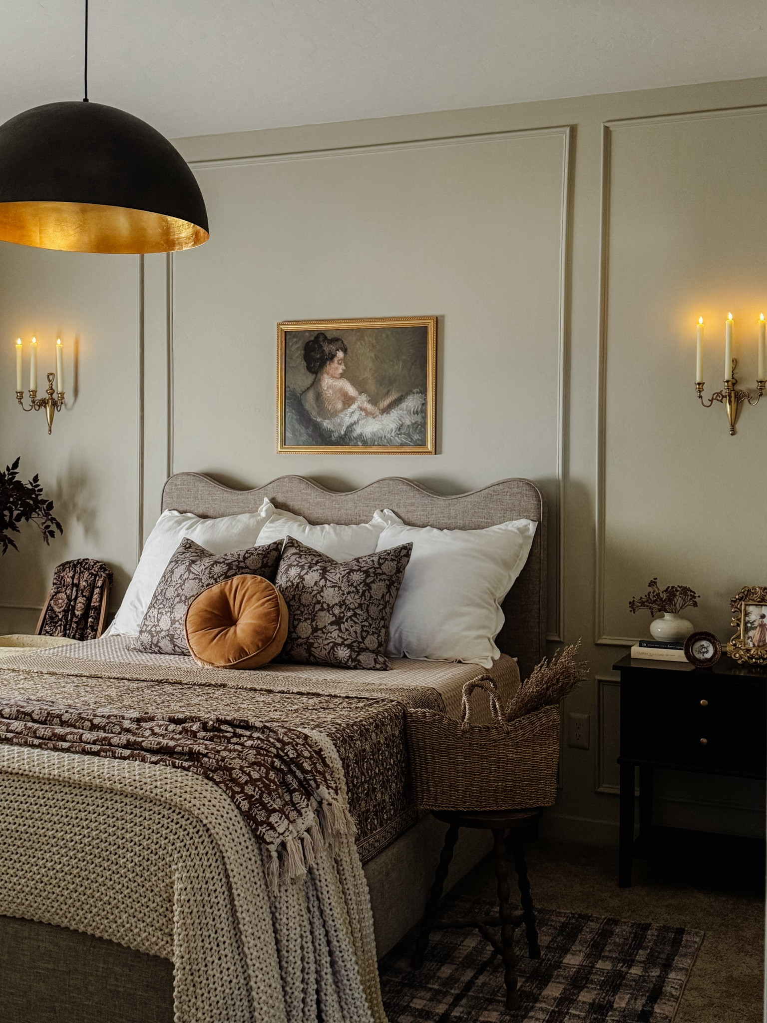 Scalloped bed frame, bedroom ideas, bedroom inspo, wavy linen bed frame, Lulu and Georgia bed, modern bed, bedding ideas, Shades of Light dome light fixture, black light fixture, farrow and ball paint, chunky knit blanket, plaid rug, neutral kantha quilt, plaid curtains, window pane curtains, Two pages pinch pleat curtains, neutral curtains, hand block print throw, Target blanket, cozy cottage vibe, window pane curtain, Vintage wall art, gold framed wall art, frame it easy, custom sizing wall art, 

#LTKsalealert #LTKstyletip #LTKhome