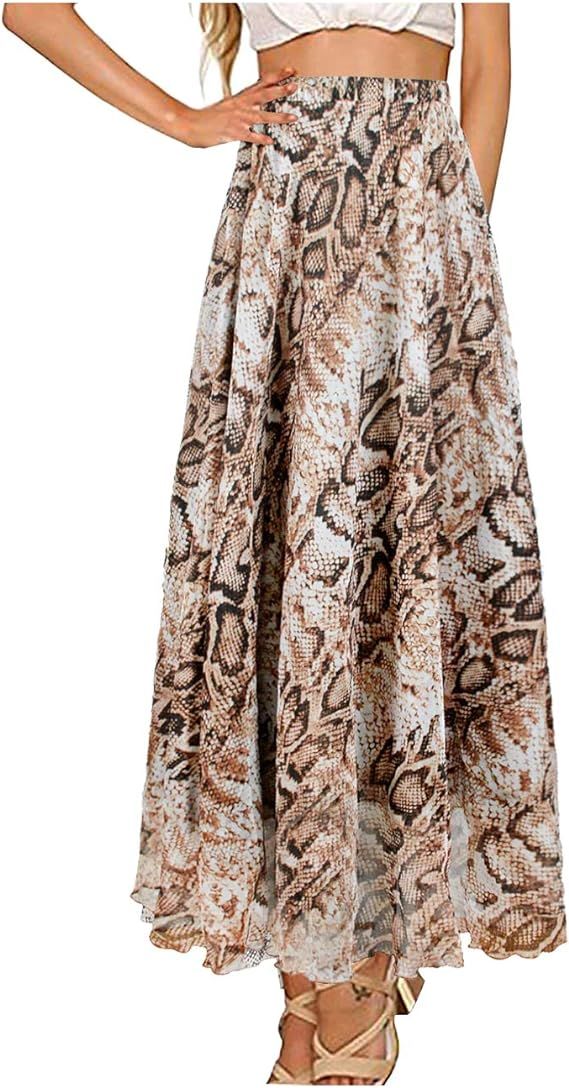 L'VOW Women's Elastic Leopard Print Watercolor Maxi Skirt Pleated Shirring High Waisted Dress | Amazon (US)