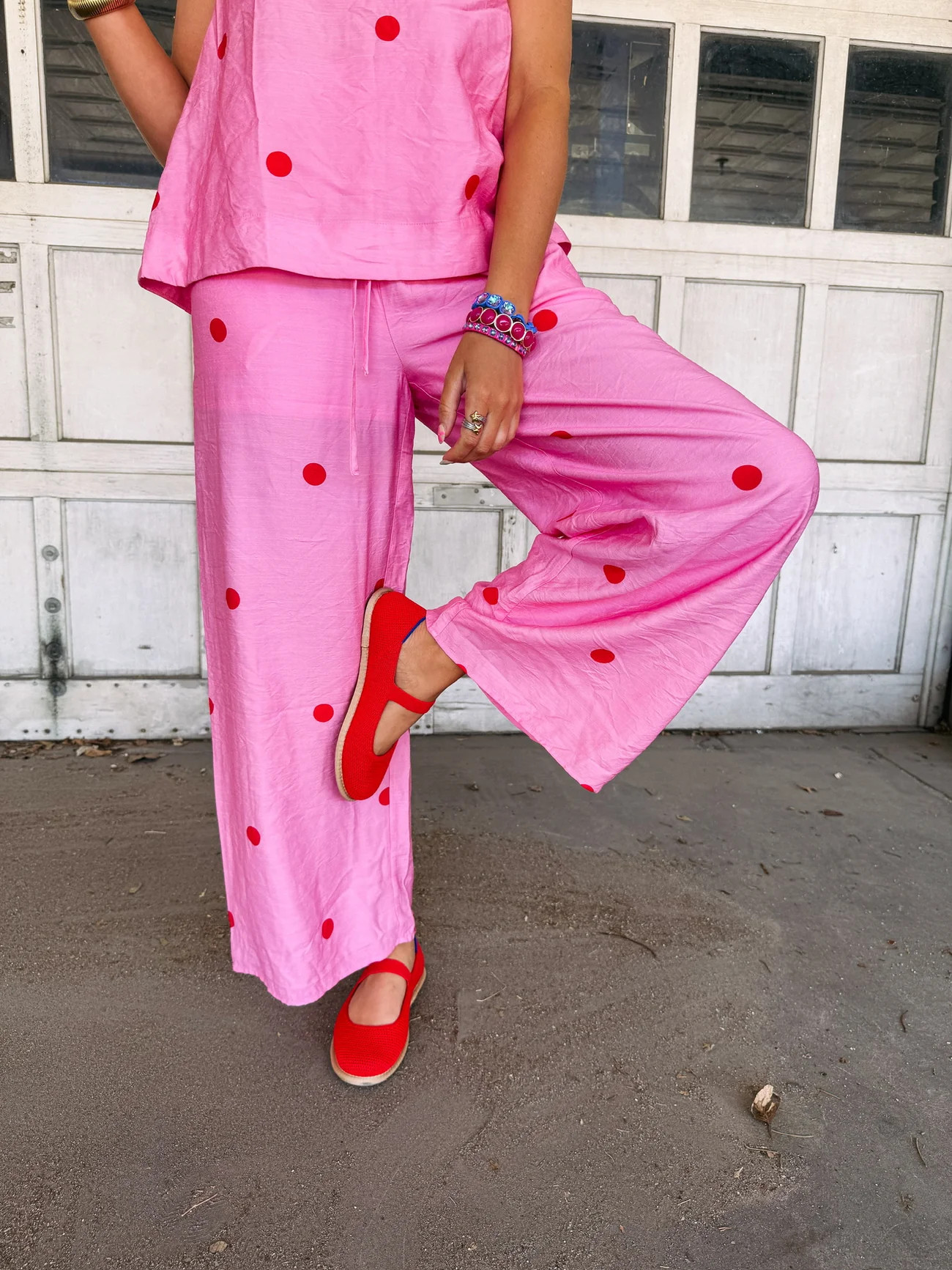 pink flamingo polka dot pants | Etta+East