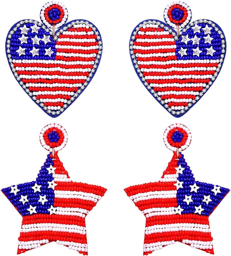 2 Pairs Patriotic Earrings 4th of July Earrings for Women Beaded Letter USA Dangle Earrings Indep... | Amazon (US)
