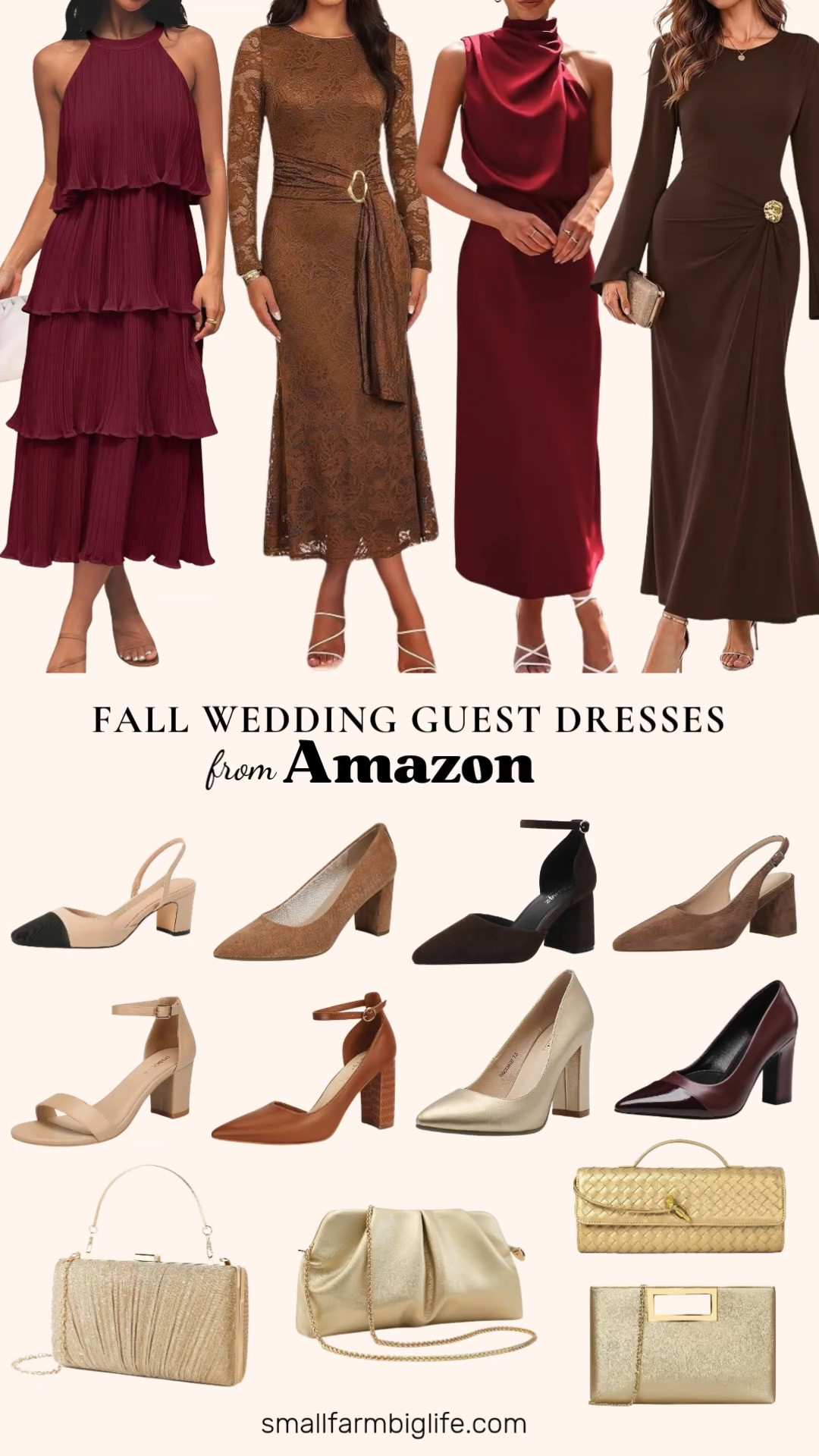 🍂 Fall Wedding Guest Dresses From Amazon

Fall wedding guest dresses in rich wine, chocolate brown, and caramel make dressing for an autumn wedding easy. This Amazon edit has a dark wine satin mock neck maxi dress with a fit and flare skirt, a wine halter chiffon midi with tiered ruffles, a chocolate brown long sleeve bodycon maxi, and a caramel long sleeve stretch lace dress with button trim. These fall dresses work for a wedding, a holiday party, or date night, and the long sleeve styles are great fall outfits for women over 50. For fall shoes, choose chocolate or honey tan suede block heel pumps, brown suede slingbacks, beige and black slingback pumps, burgundy or gold pointed toe block heels, a caramel ankle strap pump, or beige open toe heeled sandals with a 2.5 inch block heel that's comfortable enough to dance in all night. Finish the look with a gold evening clutch: pleated styles with a chain strap, a top handle clutch, or a champagne gold woven clutch. Rich fall colors, comfortable block heels, and gold accessories make for a polished wedding guest outfit at an Amazon price.

#amazonfashion #amazonfinds #fallweddingguest #weddingguestdress #falldresses #fallshoes 

 #LTKootd #LTKOver40 #LTKWedding