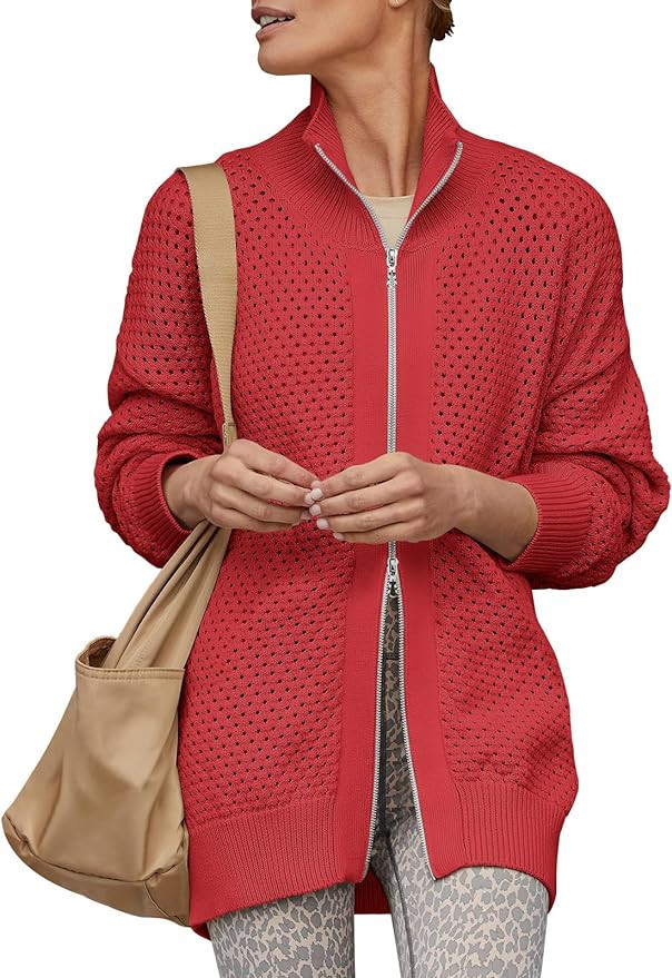 ANRABESS Women's Casual Full Zip Up Jackets Long Sleeve Mesh Crochet Knit Cardigan Sweater 2023 F... | Amazon (US)