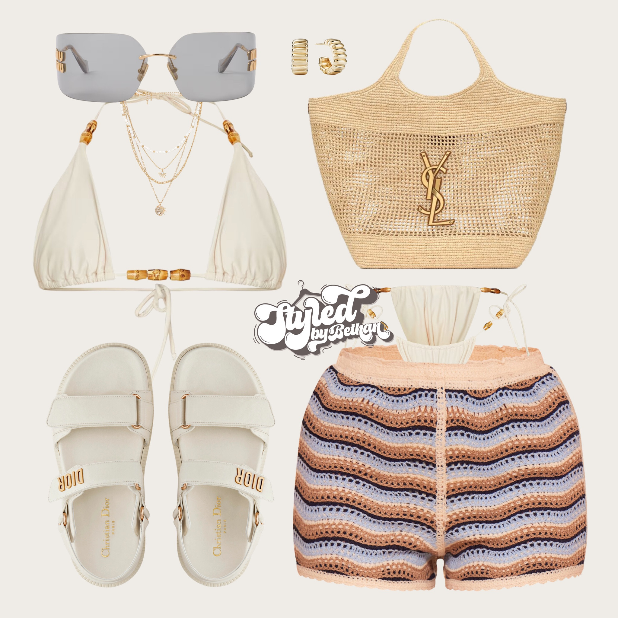 🌊🌊🌊 tags: pretty little thing crochet striped shorts, pretty little thing beige bikini, ysl beach bag, miu miu blue sunglasses, drive cream leather sandals, revolve gold  layered necklace. Summer vacation holiday swimwear bikini crochet outfit inspiration inspo for Ibiza, Greece.

#LTKeurope #LTKstyletip #LTKsummer