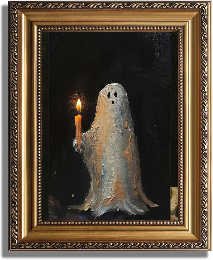 KBKBART Gold Framed Wall Art Canvas Print, Vintage Halloween Decor,Cute Ghost Holding Candle Pain... | Amazon (US)