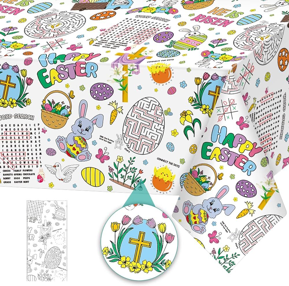 1 Pack Easter Coloring Tablecloth for Kids, He is Risen Easter Bunny Egg Cross Paper Tablecloth, ... | Amazon (US)