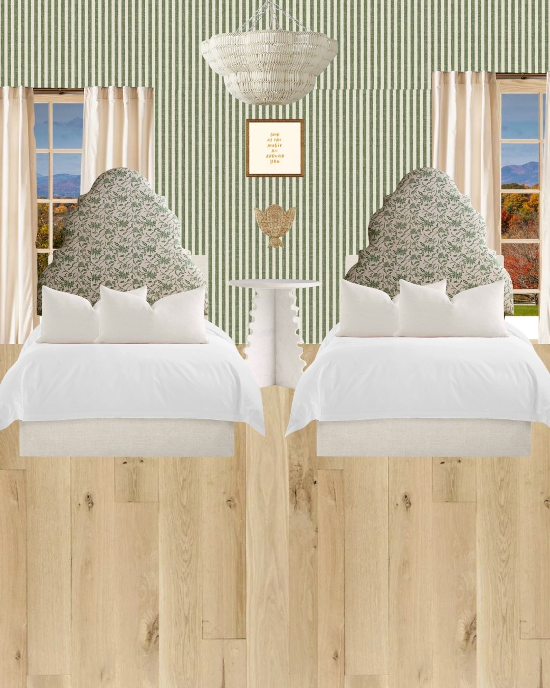 A chic and playful girls’ bedroom with matching upholstered twin beds, whimsical wallpaper, and refined patterns. Perfect for creating a cute, shared space full of style and personality. 

#interior #interiordesign #kidsroom #girlsbedroom #homeinspo 

#LTKKids #LTKHome #LTKFindsUnder100