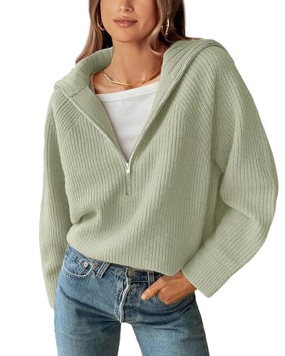BTFBM Womens Sweaters Quarter Zip Pullover V Neck Collar Long Sleeve Ribbed Knit Loose Casual 202... | Amazon (US)