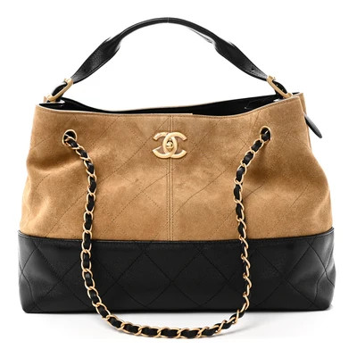 Suede Calfskin Shiny Lambskin Quilted Small Coco Base Shopping Bag Beige Black | FASHIONPHILE (US)