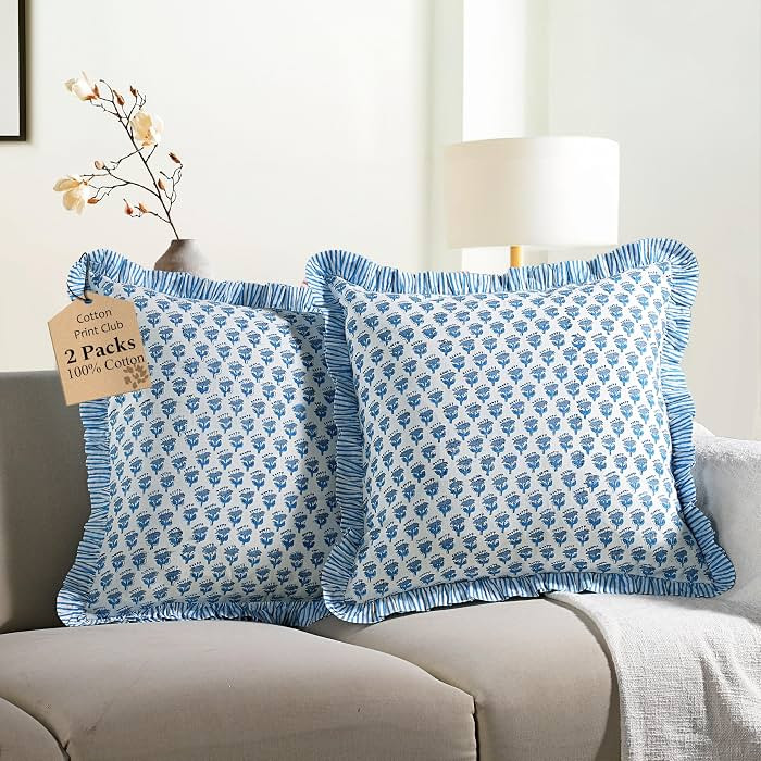CPC Apatite Blue Ruffle Throw Pillow Covers for Couch, 18x18 Inch Cotton Stripe Ruffle Couch Pill... | Amazon (US)