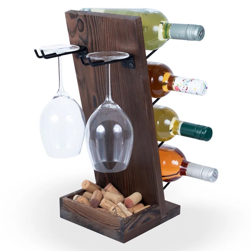 Ates 4 Bottle Solid Wood Tabletop Wine Bottle & Glass Rack in Walnut | Wayfair North America