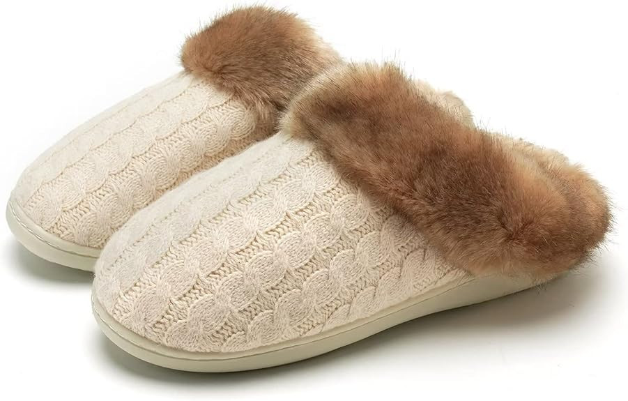 Women's Memory Foam Slippers Knitted Fur Collar House Shoes Anti-Skid Sole for Indoor & Outdoor | Amazon (US)