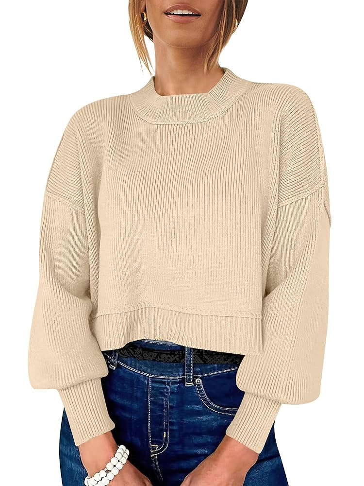 ANRABESS Womens Cropped Sweaters Oversized Crewneck Long Batwing Sleeve Side Slit Ribbed Knit Pul... | Amazon (US)