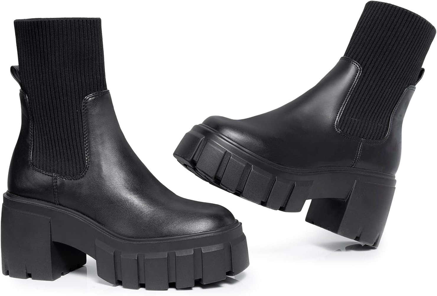 FITORY Women's Ankle Boots Comfy Chelsea Mid Heel Elastic Chunky Heel Lug Sole Booties Size 6-11 | Amazon (US)