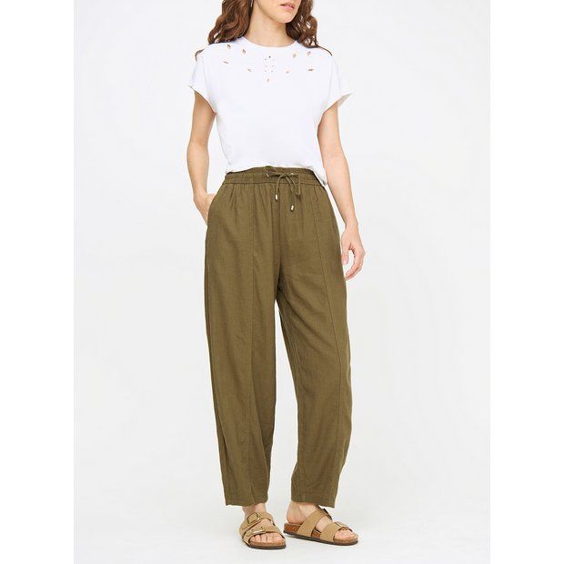 Buy Khaki Linen Blend Barrel Leg Trousers  18 | Trousers | Tu | Tu Clothing