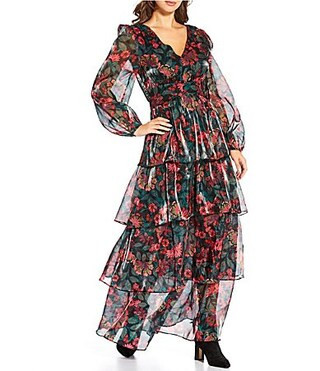 Sugarlips Floral Organza V-Neck Long Puff Sleeve Ruffle Maxi Dress - XS | Dillard's