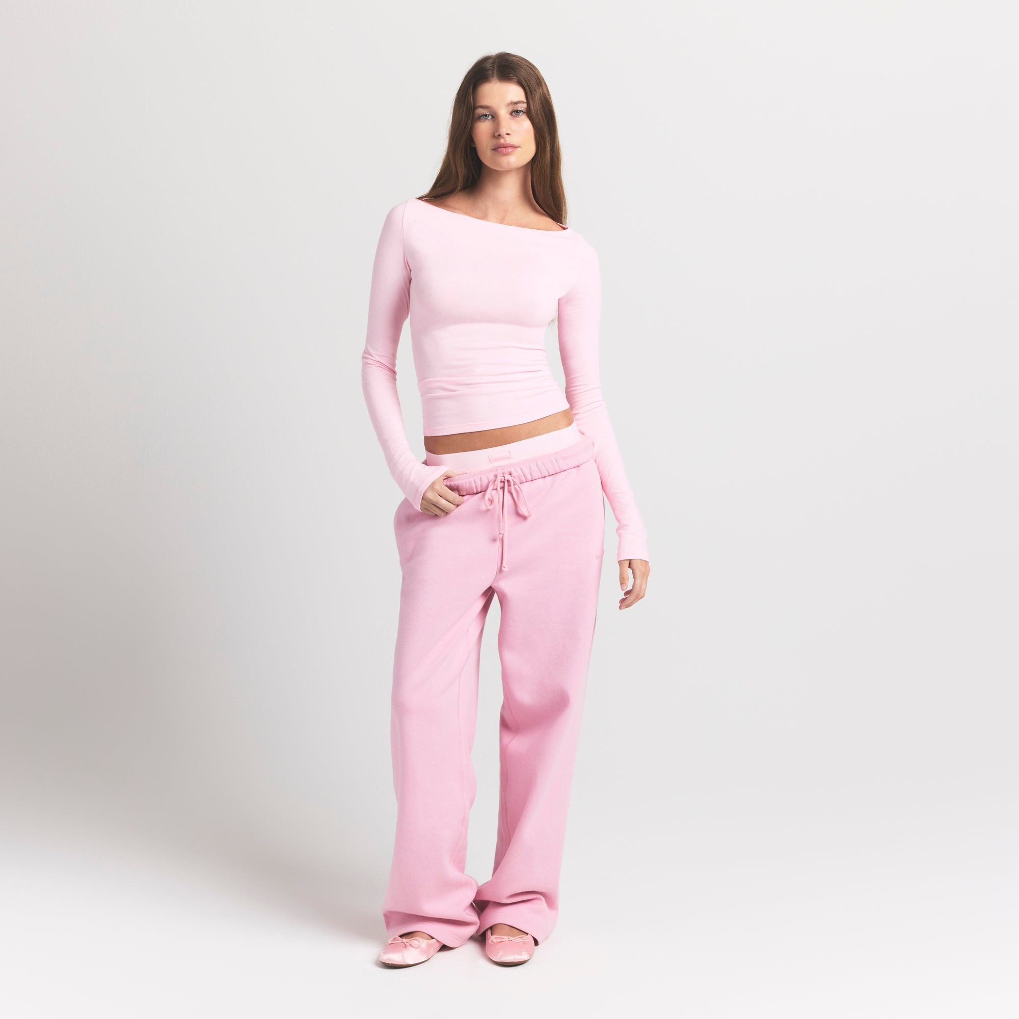 SKIMS Long Sleeve Boatneck Top | Pink | Large | Cotton Jersey | SKIMS (US)