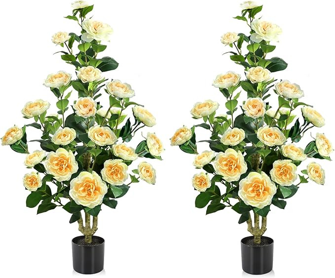 Faux Outdoor Plants 2 Pcs - 39’’ Artificial Camellia Tree Potted with Yellow Flowers, Artific... | Amazon (US)