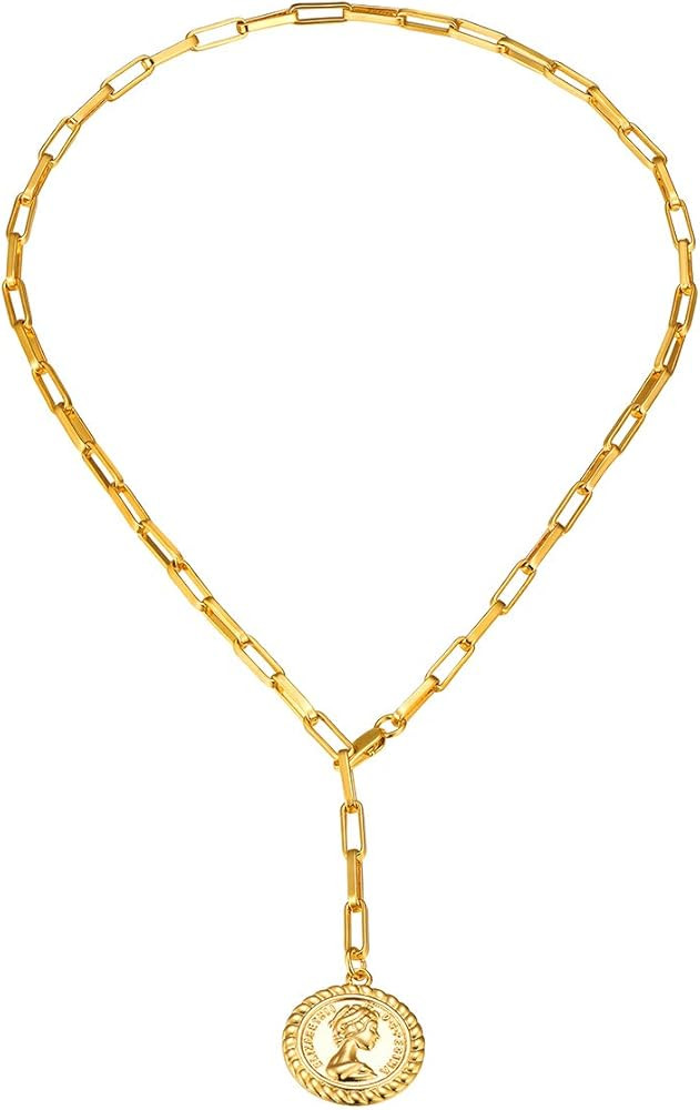 FOCALOOK Necklace for Women Coin Pendant 18K Gold Plated Queen of England Handmade Lariat Y Coppe... | Amazon (US)