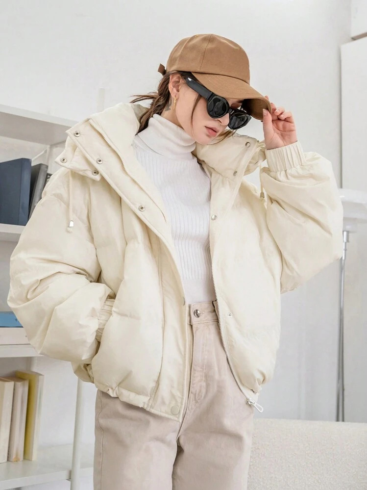 DAZY Women's Solid Color Long Sleeve Zipper Collar Casual Hooded Winter Jacket Women Coats | SHEIN