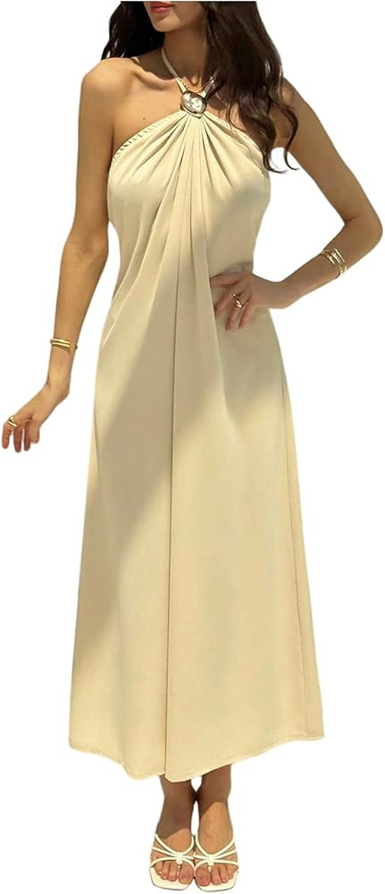 OYOANGLE Women's Cami Halter Maxi Dress Sleeveless Metal Decor Open Back Swing Flowy Beach Vacati... | Amazon (US)