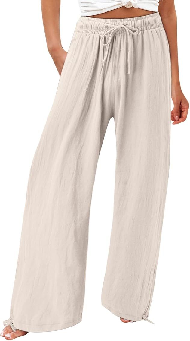 Bemona Linen Pants for Women Flowy Summer High Waisted Wide Leg Pant with Pockets Lounge Trousers Ca | Amazon (US)