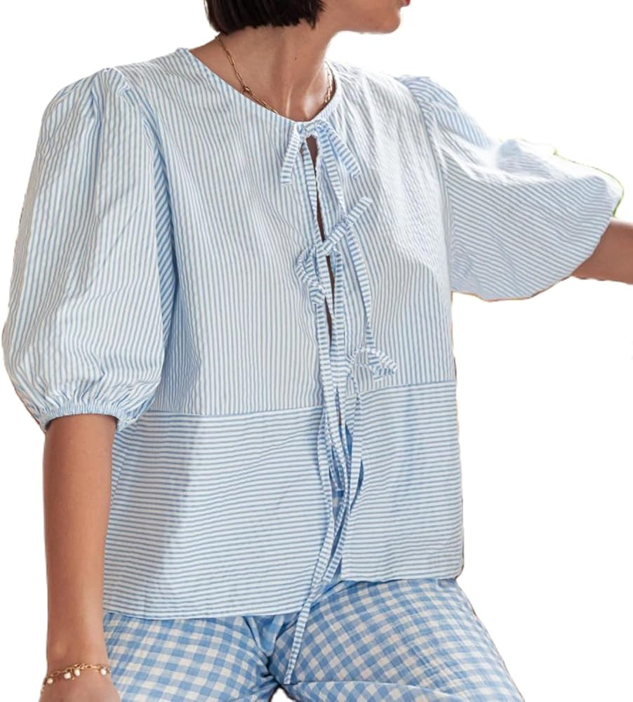 Tie Front Tops for Women Y2k Short Puff Sleeve Blouse Ruffle Hem Peplum Shirt Reversible Babydoll... | Amazon (US)