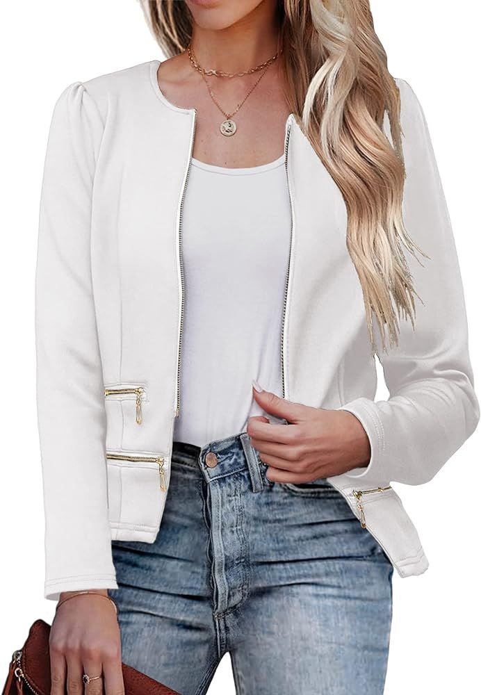 Zeagoo Womens Blazer Cropped Open Front Zipper Dress Jacket O Neck Casual Office Suit Jacket | Amazon (US)