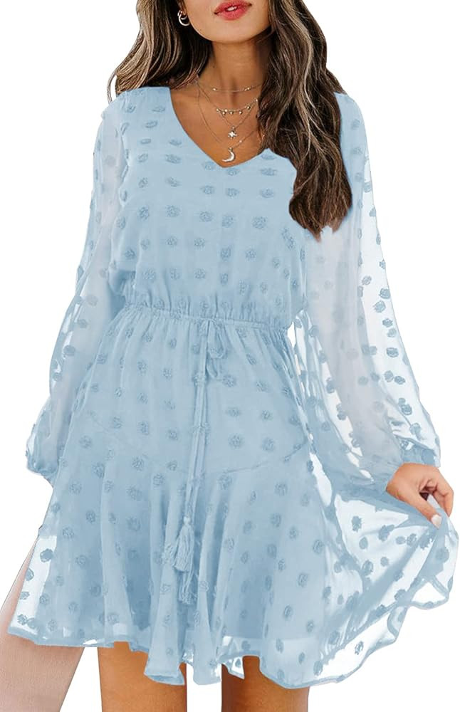 KIRUNDO Women’s Dress Long Sleeves V Neck Flowy Mini Dress Swiss Dot High Waist Chiffon Casual ... | Amazon (US)