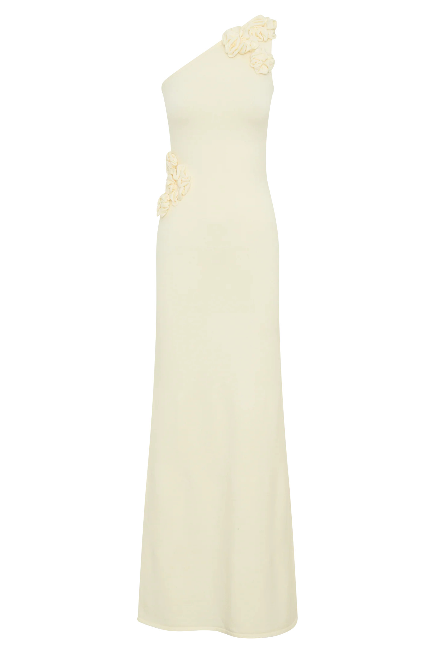 One Shoulder Knit Maxi Dress With Flowers - Ivory | MESHKI US