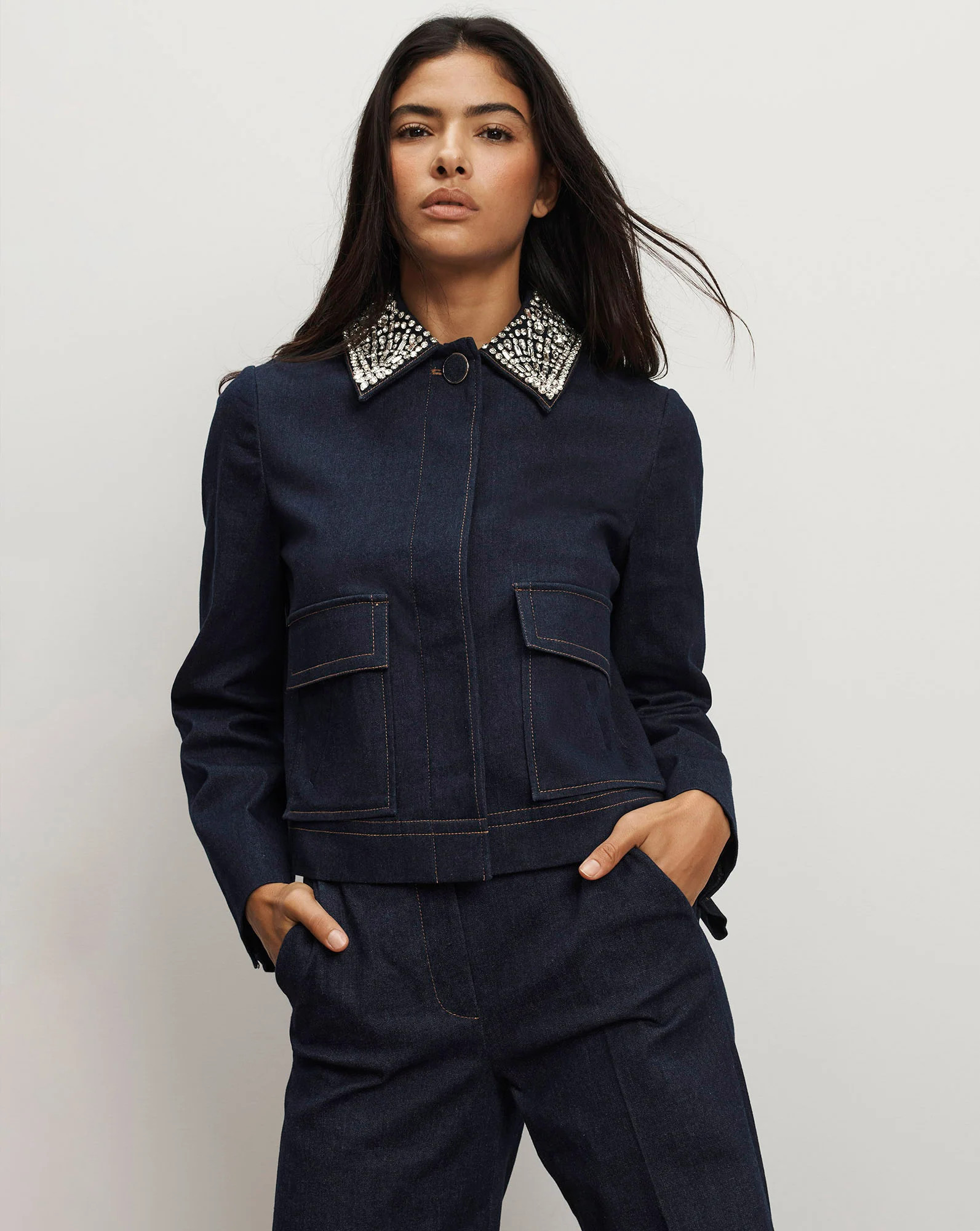 Barrington Embellished Denim Jacket in Dark Midnight Wash | Veronica Beard | Veronica Beard